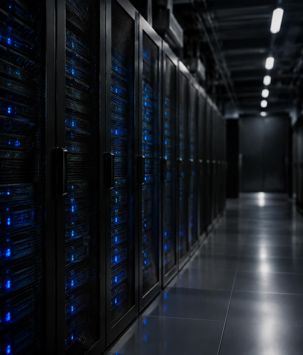 Corridor of server racks with blue status lights in a data centre